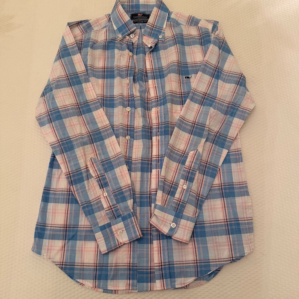 Vineyard Vines Men's Blue and Pink Shirt - Size S